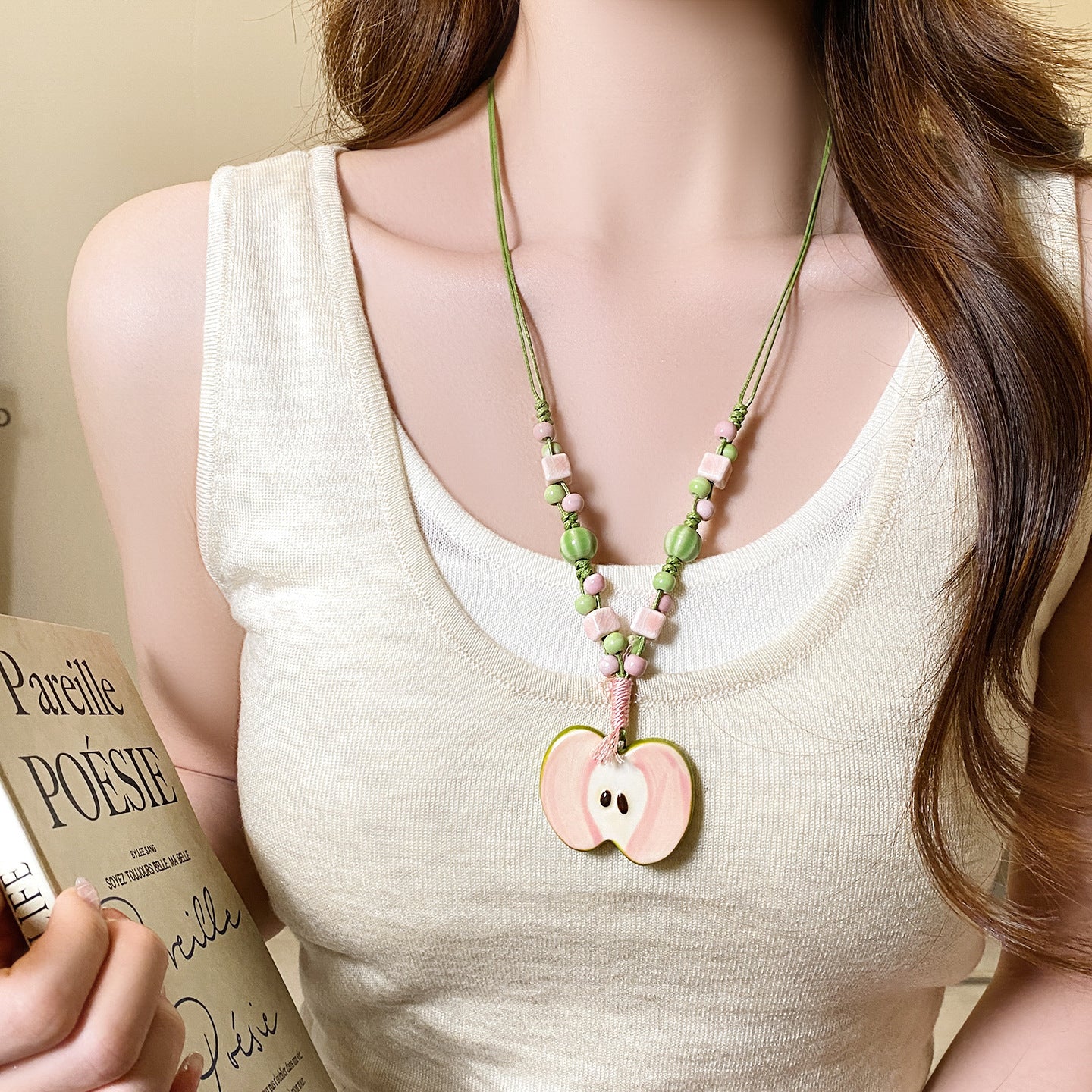 Apple Braid Pendant Necklace For Women With Rope Chain And Acrylic Pendant