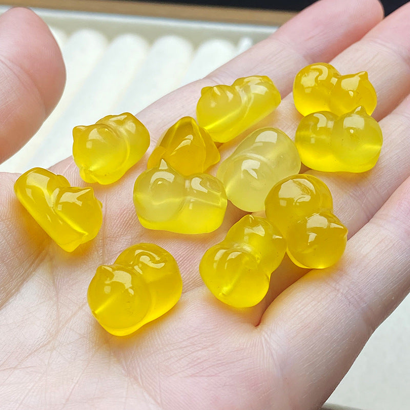 Cute Cat Beads Made Of Natural Yellow Agate Featuring Carving Craft For Jewelry Accessories