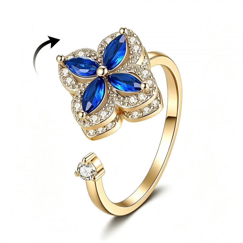 Gold Flowers Fidget Ring For Women In Copper With Golden Plated Finish And Rotatable Craft Featuring Zircon Inlay