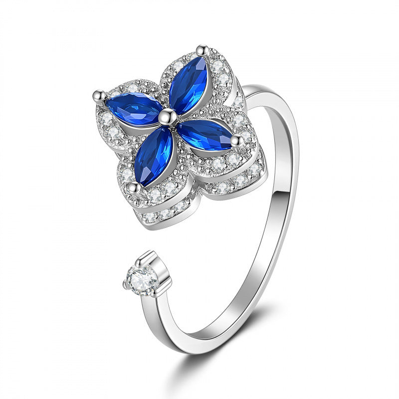 Gold Flowers Fidget Ring For Women In Copper With Golden Plated Finish And Rotatable Craft Featuring Zircon Inlay