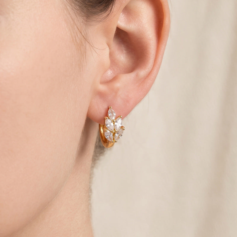 Leaves Pattern Hoop Earrings For Women In Simple Style, Copper Material With Zircon Inlay, Available In Gold