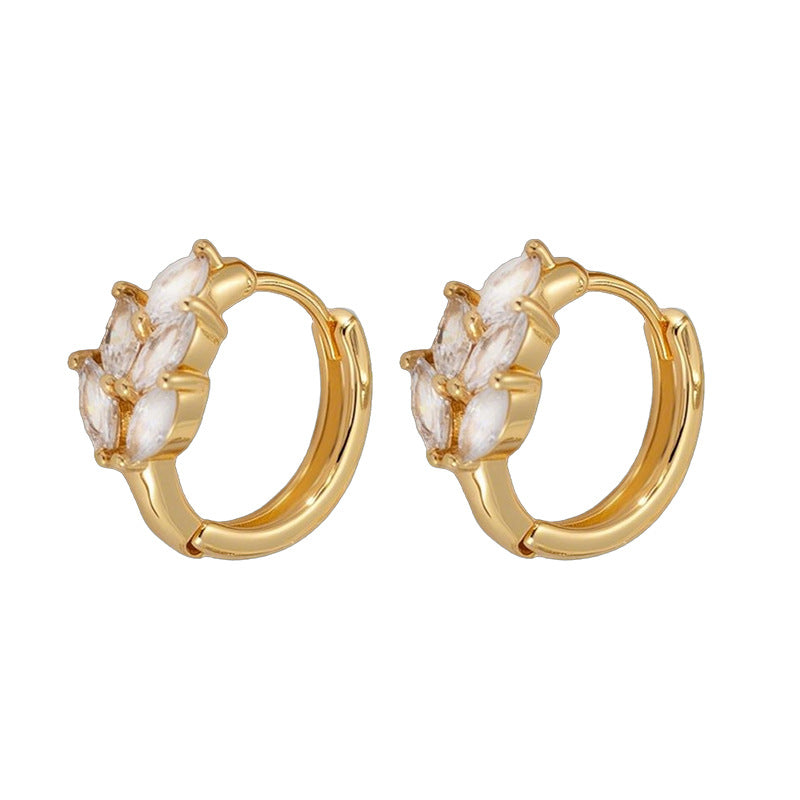 Leaves Pattern Hoop Earrings For Women In Simple Style, Copper Material With Zircon Inlay, Available In Gold