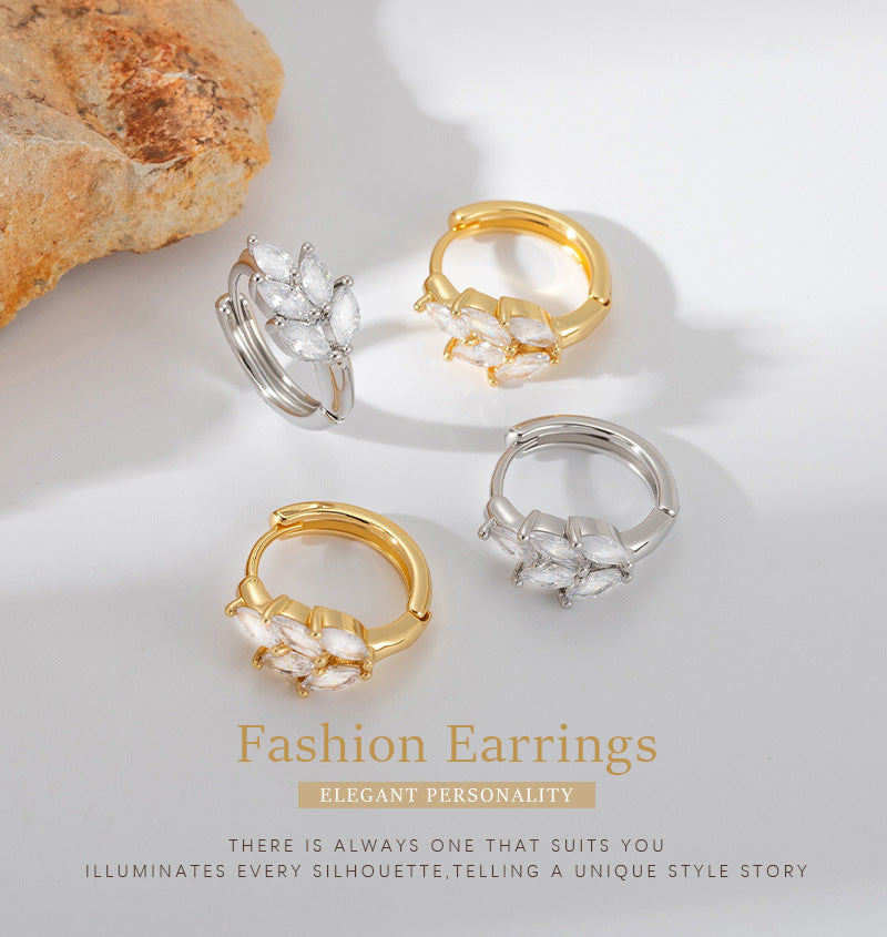 Leaves Pattern Hoop Earrings For Women In Simple Style, Copper Material With Zircon Inlay, Available In Gold