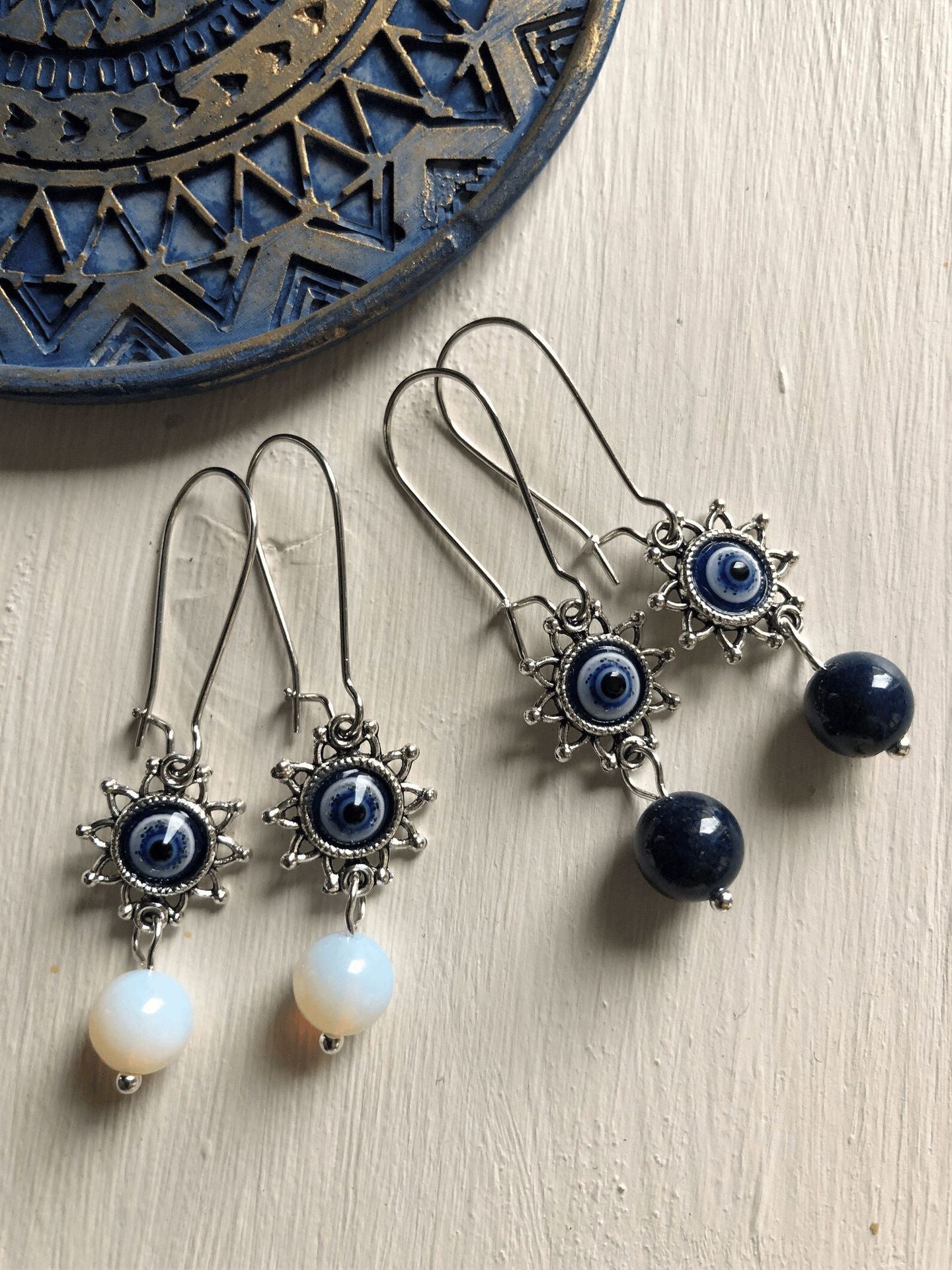 Devil's Eye Bohemian Drop Earrings For Women With Zinc Alloy Ear Pins And Natural Stone Inlay