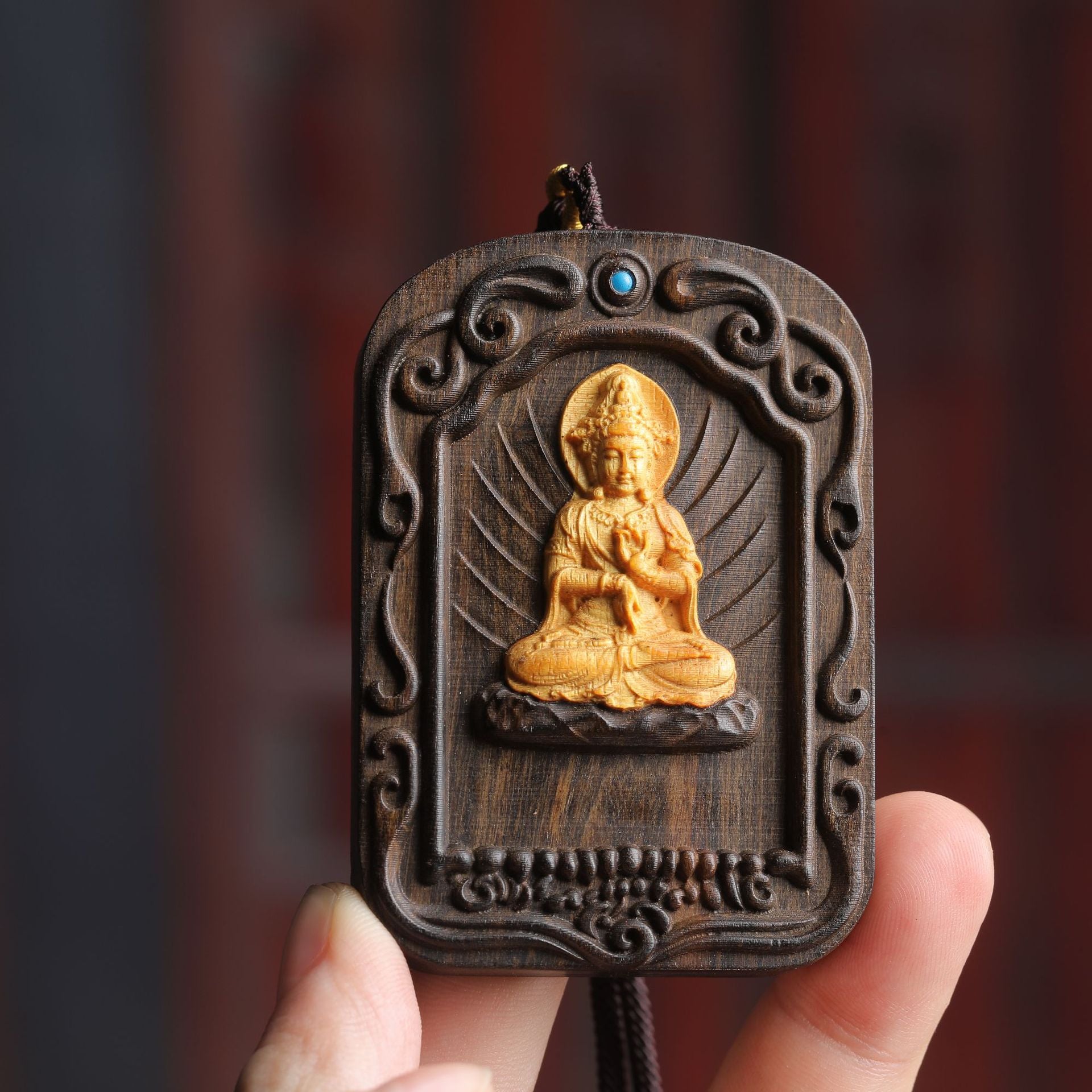Ethnic Style Wood Buddha Pendant Featuring Intricate Carving, Perfect For Spring Wear