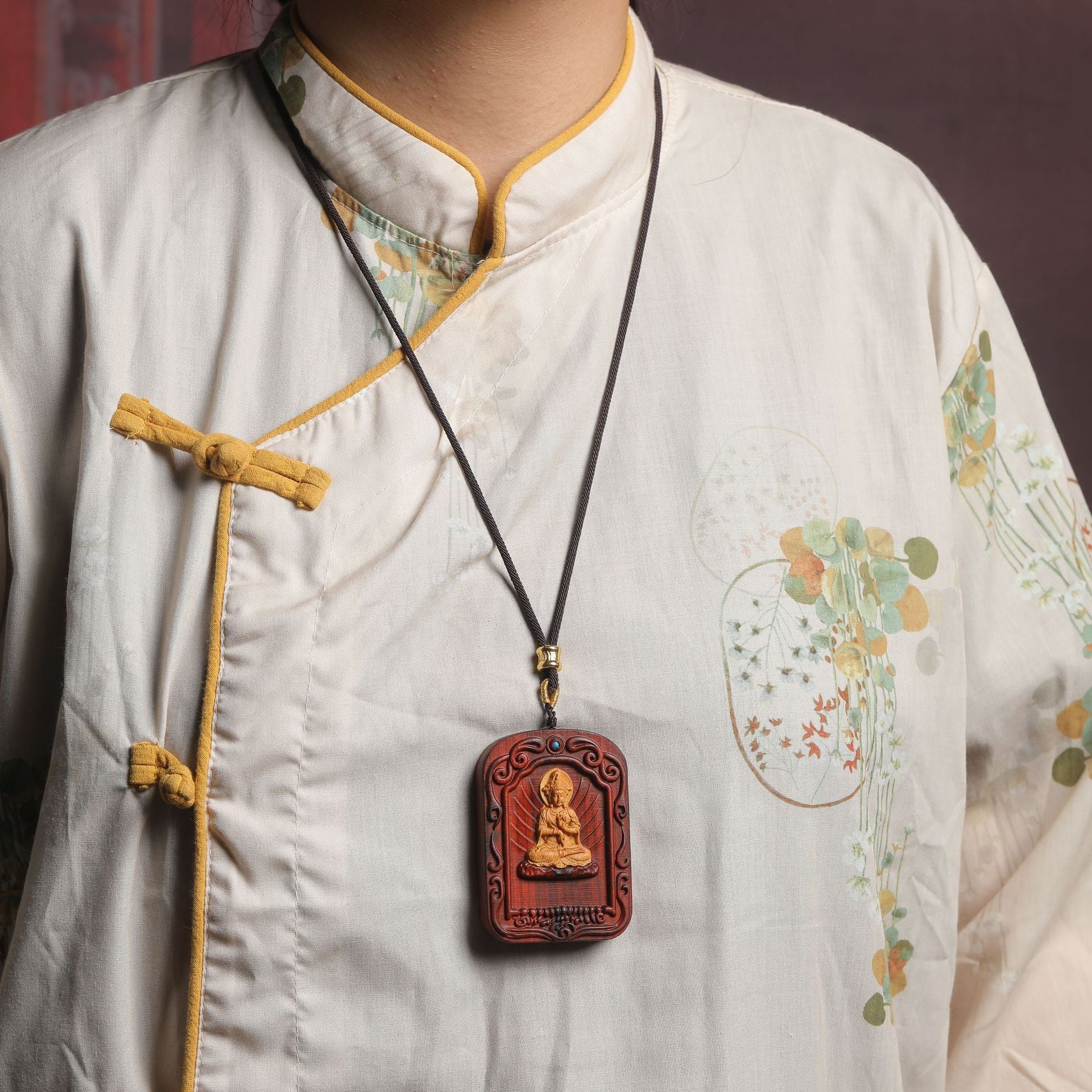 Ethnic Style Wood Buddha Pendant Featuring Intricate Carving, Perfect For Spring Wear