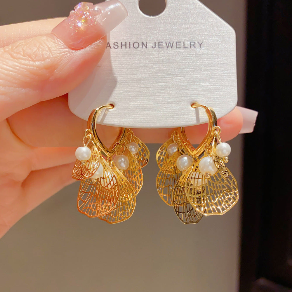 Exaggerated Leaves Drop Earrings For Women In Gold Real Gold Plated Copper With Ear Clips