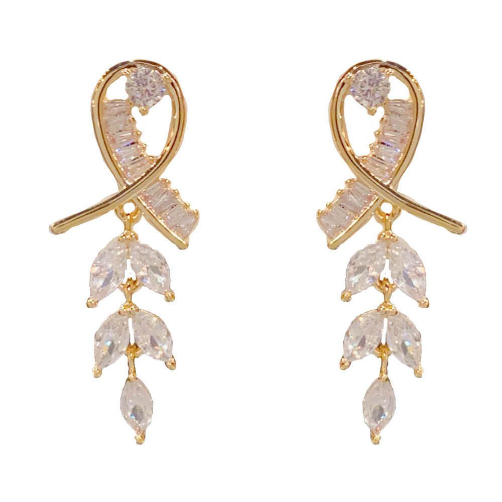 New Style Leaves Tassel Drop Earrings For Women In Real Gold Plated Copper With Zircon Inlay
