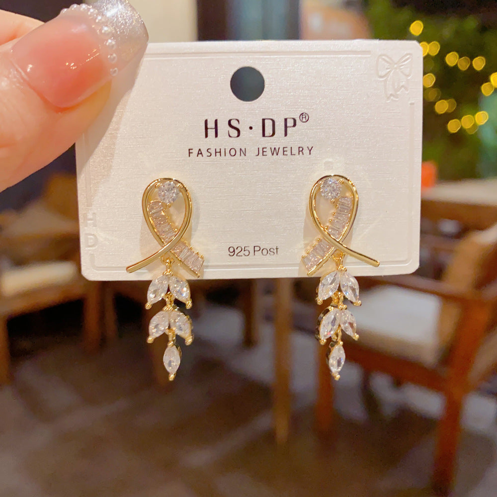 New Style Leaves Tassel Drop Earrings For Women In Real Gold Plated Copper With Zircon Inlay