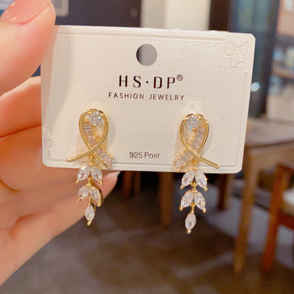 New Style Leaves Tassel Drop Earrings For Women In Real Gold Plated Copper With Zircon Inlay