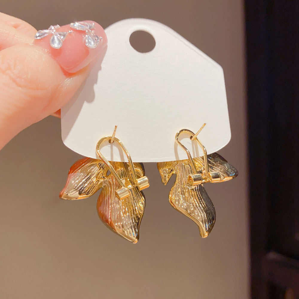 Leaves Earrings For Women With Copper Ear Pins, Exaggerated Style, Real Gold Plated Finish