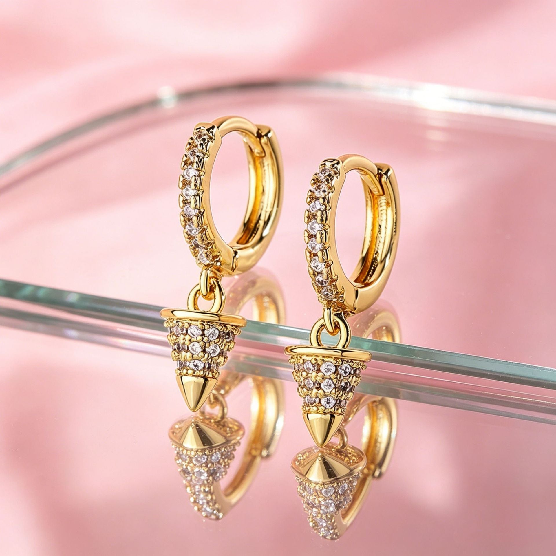 Geometric Copper Earrings For Women With Bezel Setting And Zircon Inlay, Featuring Copper Ear Pins