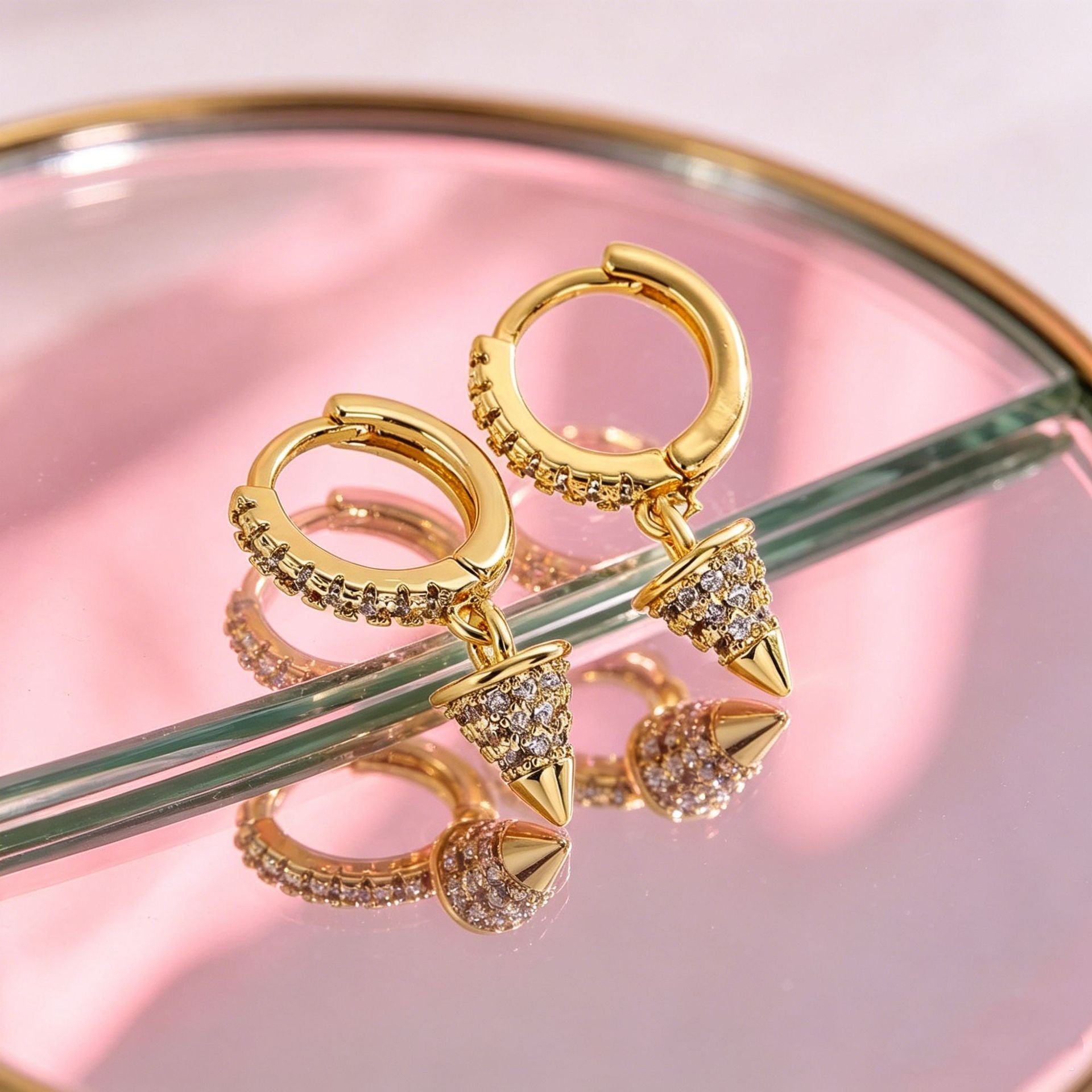 Geometric Copper Earrings For Women With Bezel Setting And Zircon Inlay, Featuring Copper Ear Pins