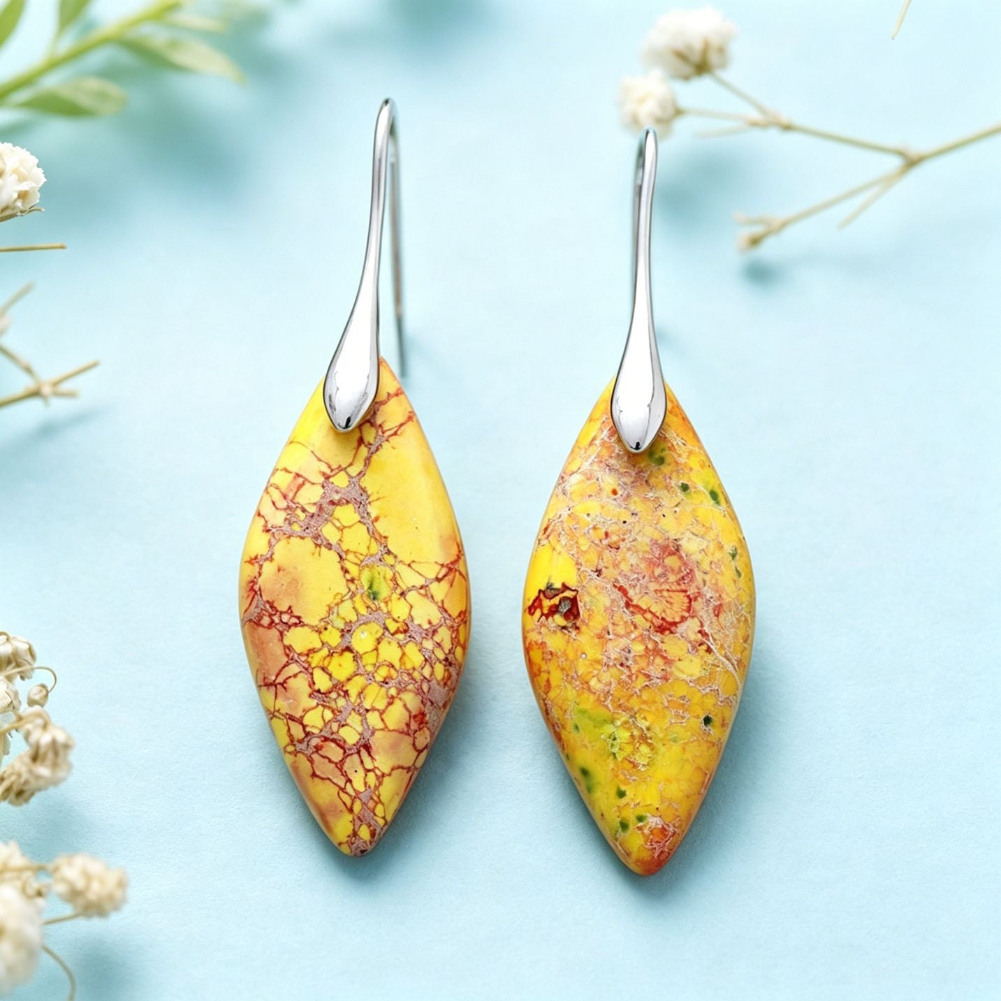 Bohemian Yellow Leaves Drop Earrings For Women Featuring Natural Stone Inlay