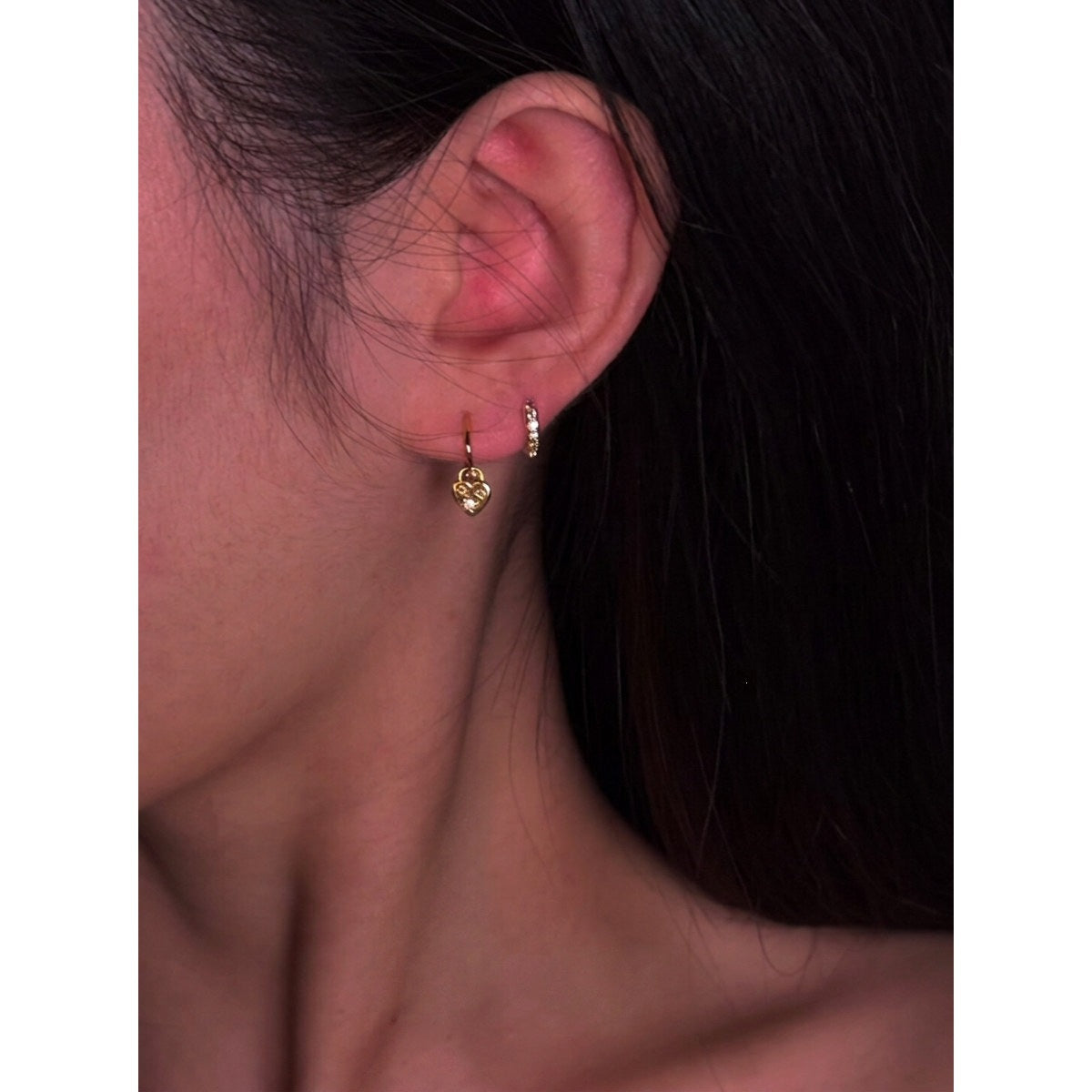Heart Shape Drop Earrings For Women In Gold Featuring Copper Ear Pins And Zirconia Inlay, 1 Pair