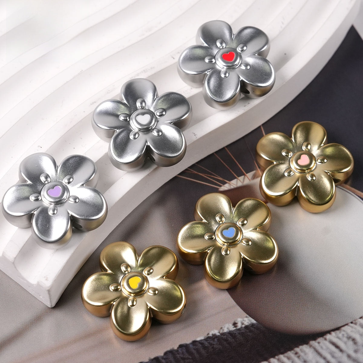 Gold Electroplated Plastic Flower Beads For Jewelry Making With Hole Size 2~2.9mm