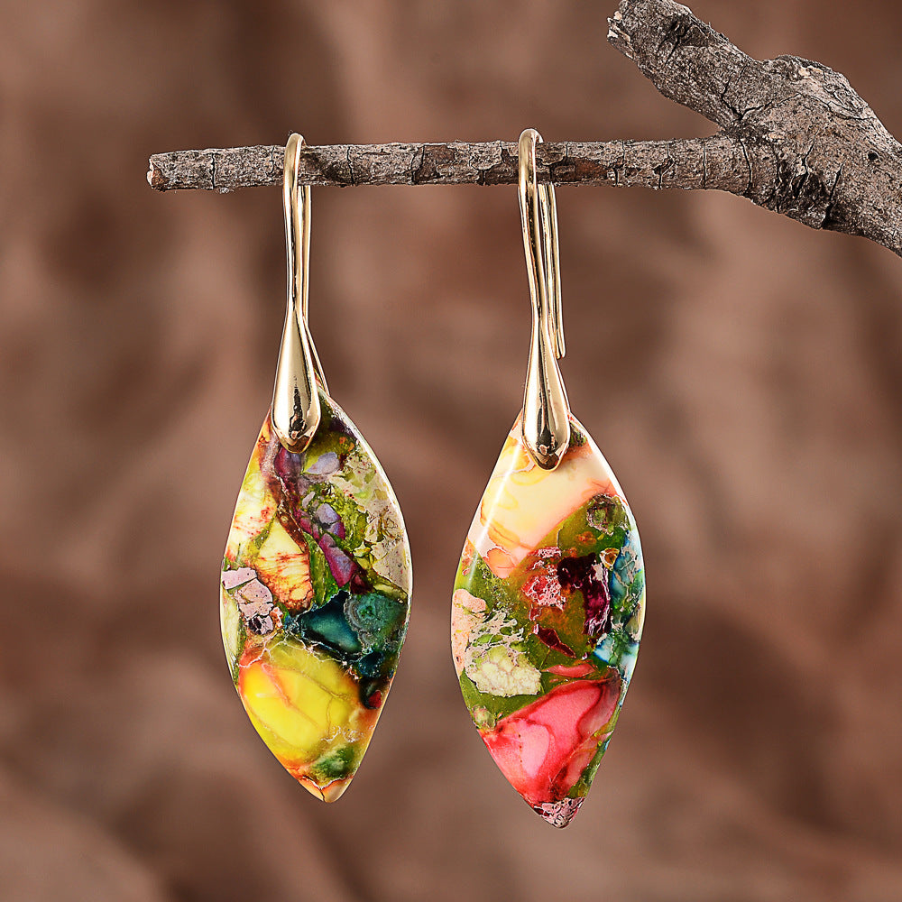 Bohemian Yellow Leaves Drop Earrings For Women Featuring Natural Stone Inlay