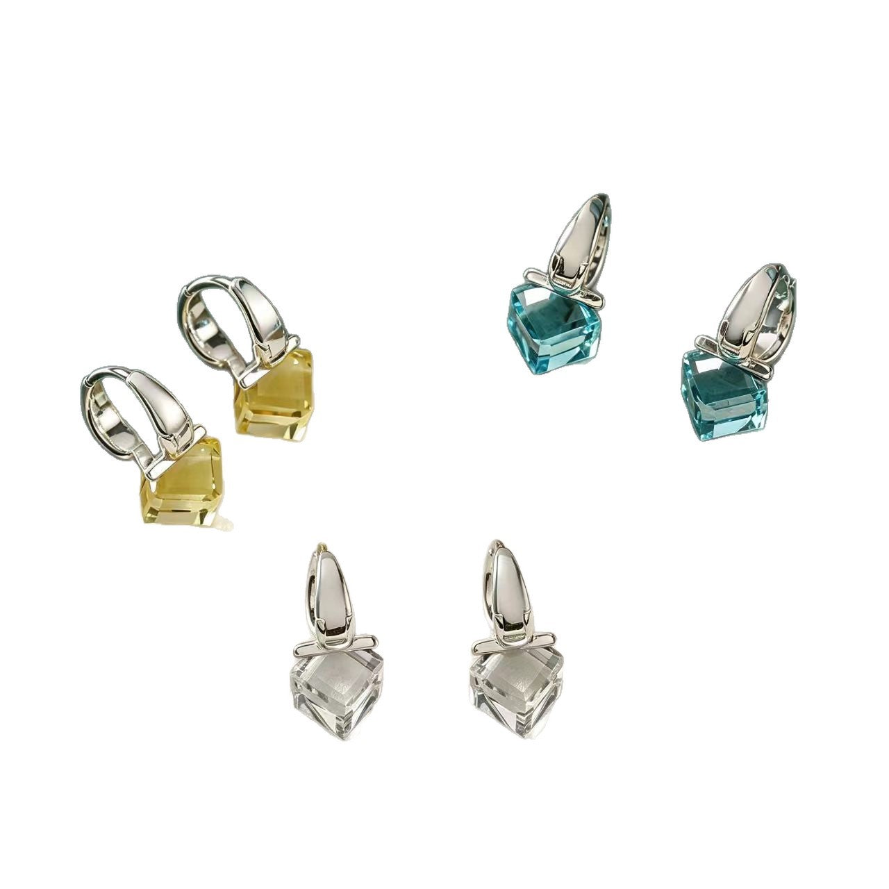 Geometric Three-dimensional Blue Copper Earrings For Women With Silver Plated Finish And Crystal Inlay