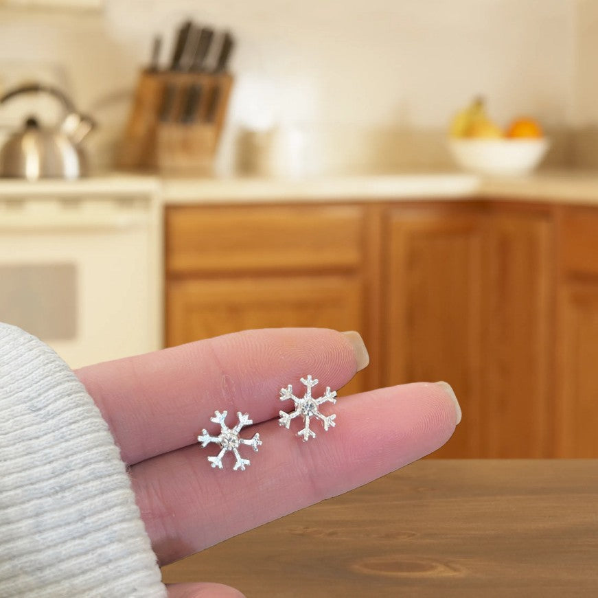 Cute Silver Snowflake Stud Earrings For Unisex, Electroplated Zinc Alloy With 925 Sterling Silver Ear Pins