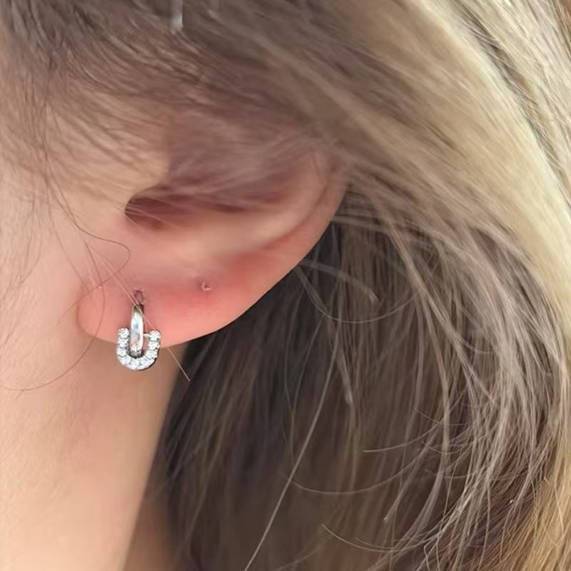 Geometric Stud Earrings For Women In New Style, Titanium Alloy Ear Pins With Electroplated Alloy And Rhinestone Inlay