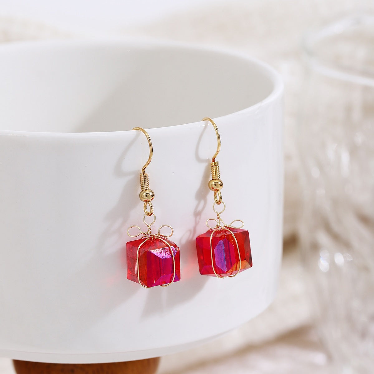 Handmade Geometric Red Glass Ear Hook Earrings For Women In Sweet Style With Glass Inlay