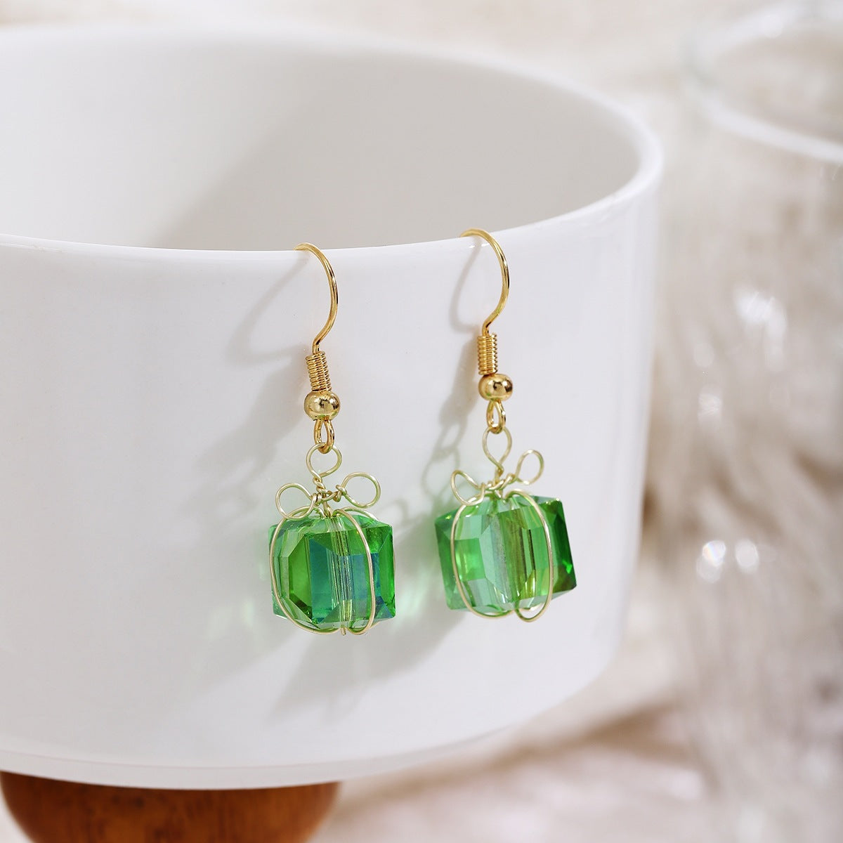 Handmade Geometric Red Glass Ear Hook Earrings For Women In Sweet Style With Glass Inlay