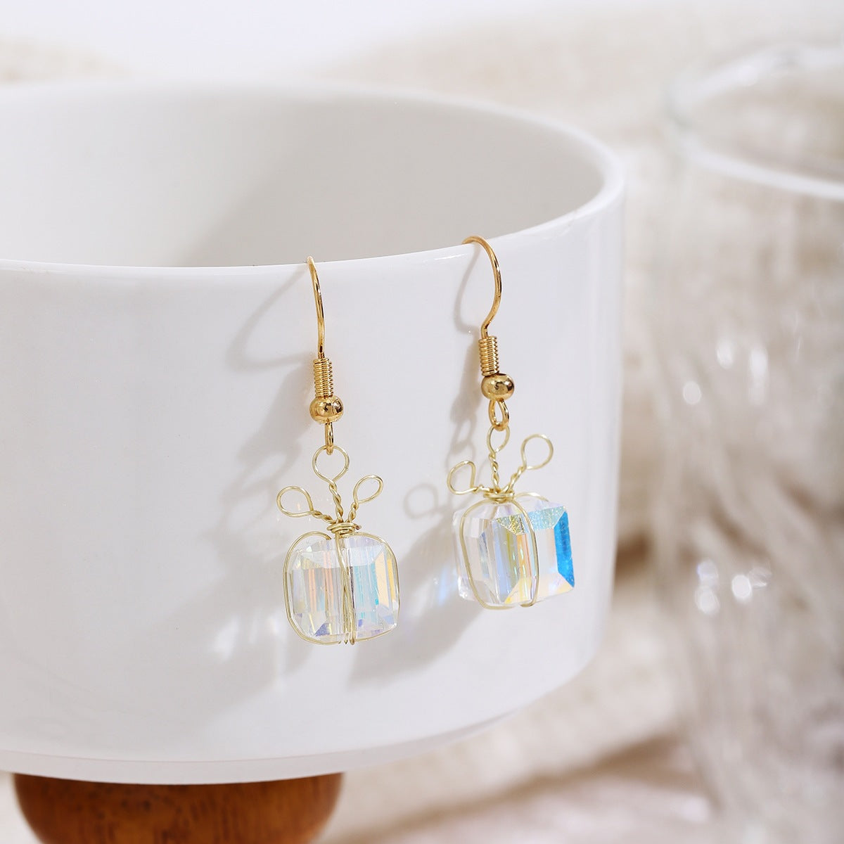 Handmade Geometric Red Glass Ear Hook Earrings For Women In Sweet Style With Glass Inlay