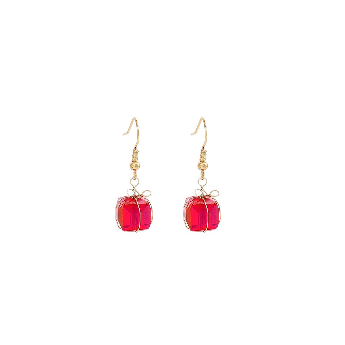 Handmade Geometric Red Glass Ear Hook Earrings For Women In Sweet Style With Glass Inlay