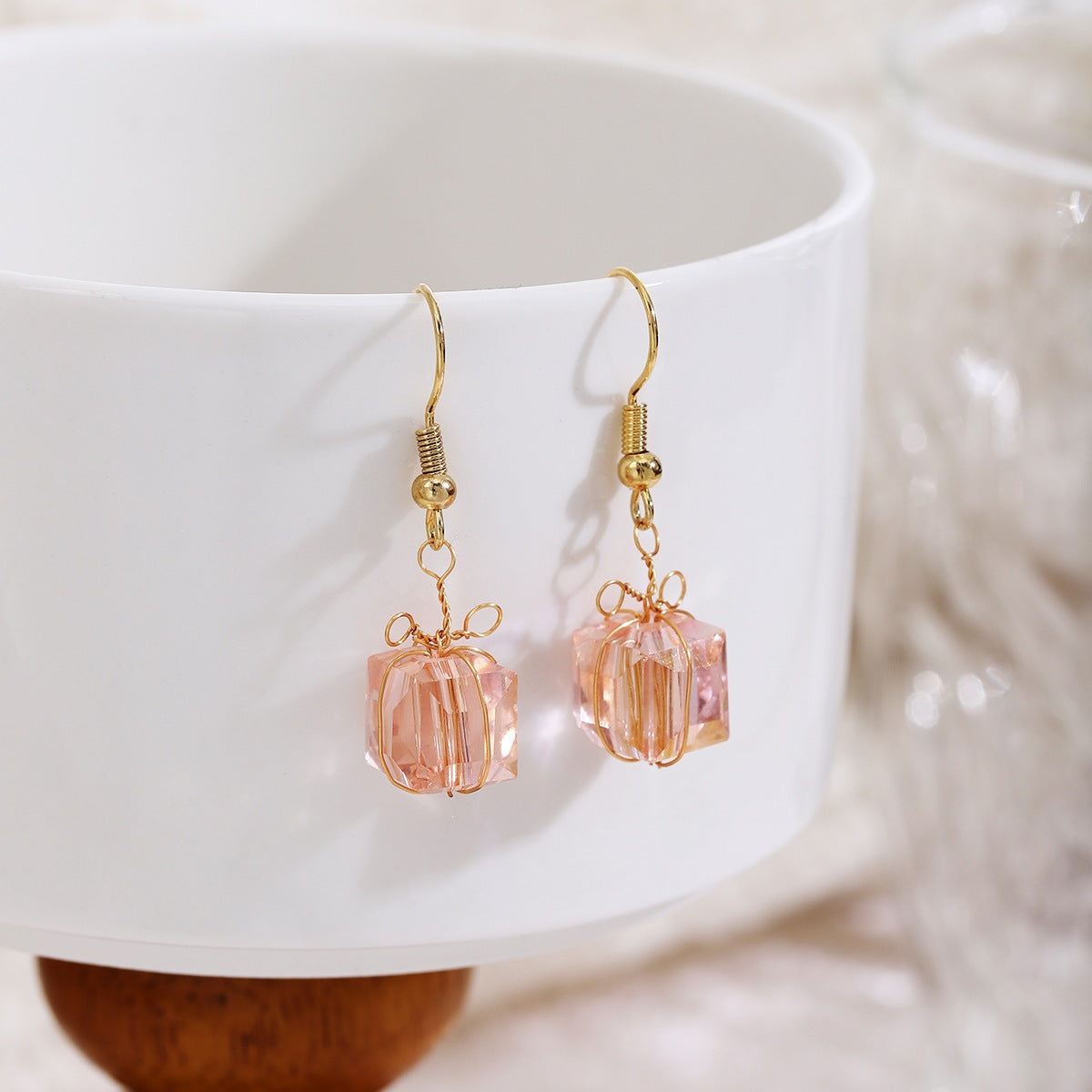 Handmade Geometric Red Glass Ear Hook Earrings For Women In Sweet Style With Glass Inlay