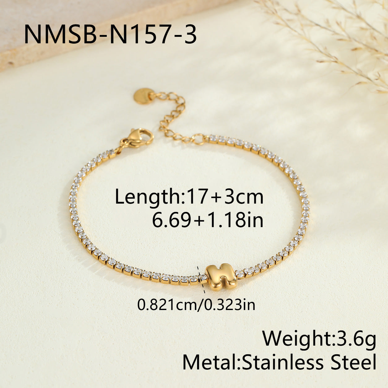 Electroplated Letter Bracelet For Women, 304 Stainless Steel With 18K Gold Plated PVD Coating, 0.03µm Thickness