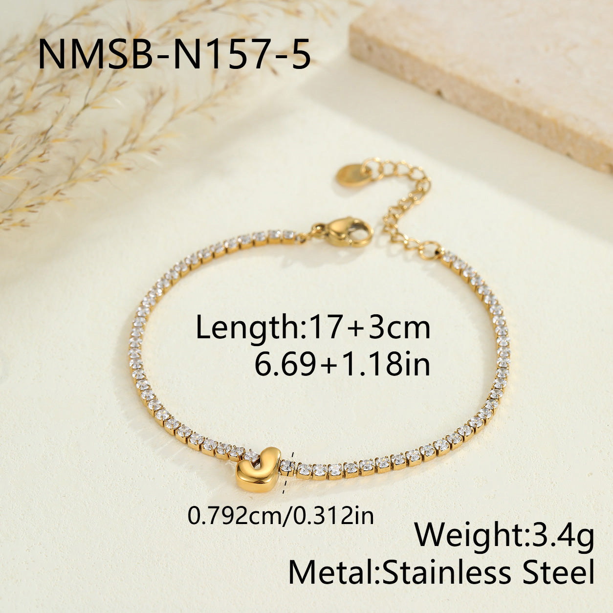 Electroplated Letter Bracelet For Women, 304 Stainless Steel With 18K Gold Plated PVD Coating, 0.03µm Thickness