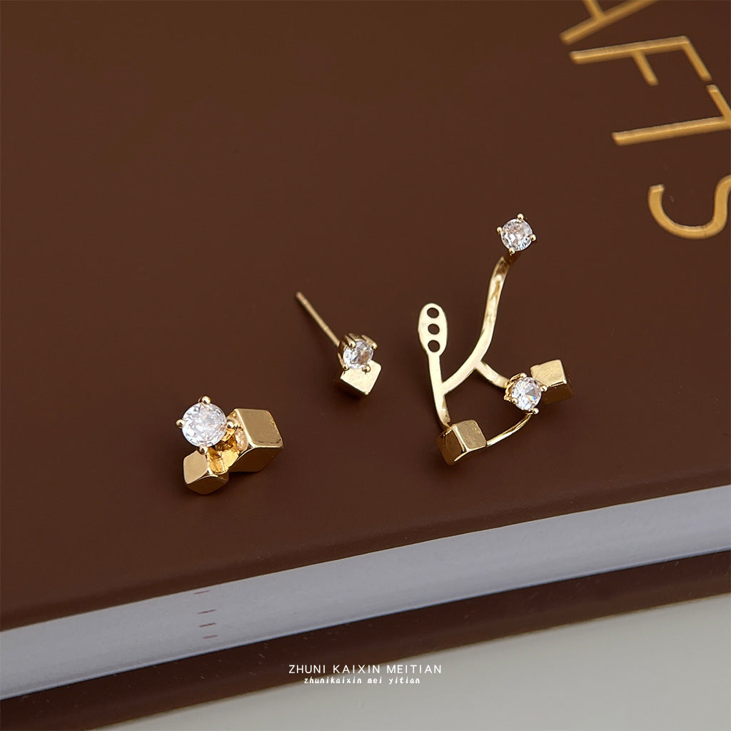 Geometric Asymmetrical Silver Plated Copper Earrings For Women Featuring Zircon Inlay In Silver