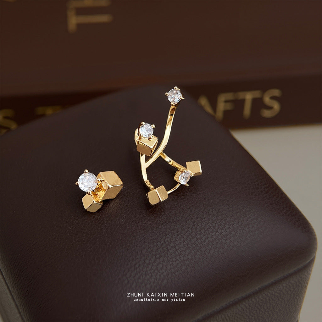 Geometric Asymmetrical Silver Plated Copper Earrings For Women Featuring Zircon Inlay In Silver
