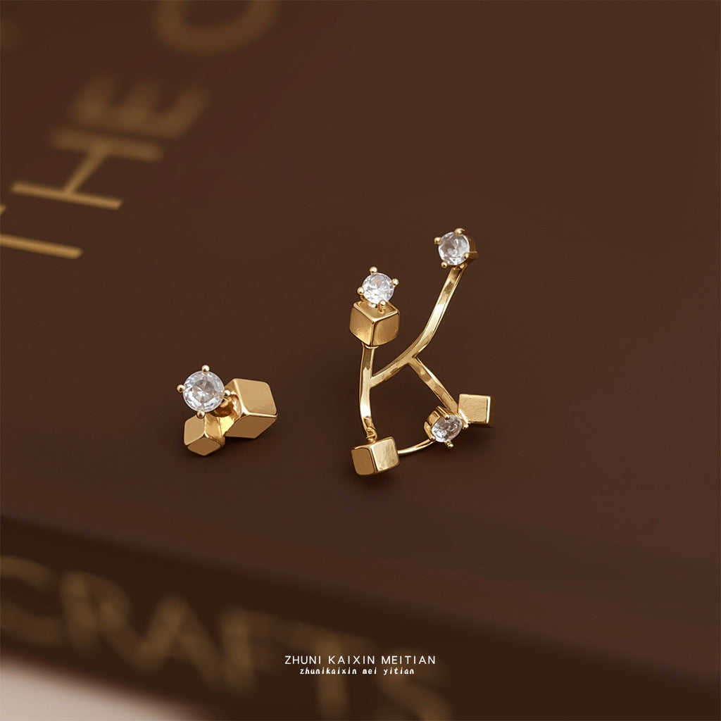 Geometric Asymmetrical Silver Plated Copper Earrings For Women Featuring Zircon Inlay In Silver
