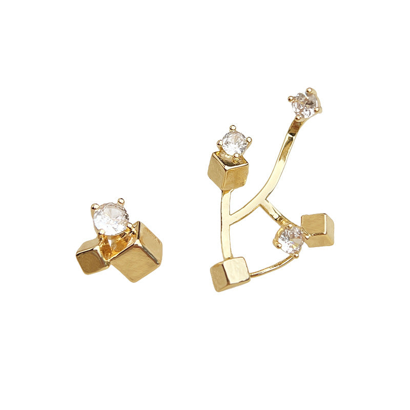 Geometric Asymmetrical Silver Plated Copper Earrings For Women Featuring Zircon Inlay In Silver