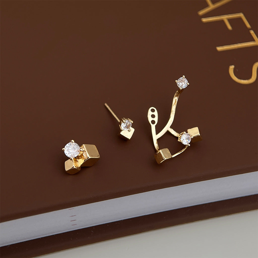 Geometric Asymmetrical Silver Plated Copper Earrings For Women Featuring Zircon Inlay In Silver