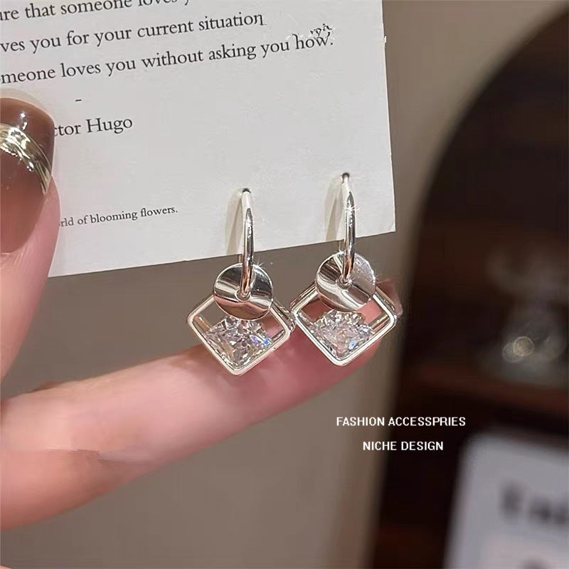Handmade Square Copper Earrings With Zircon Inlay, Cute Style Stud Earrings For Women