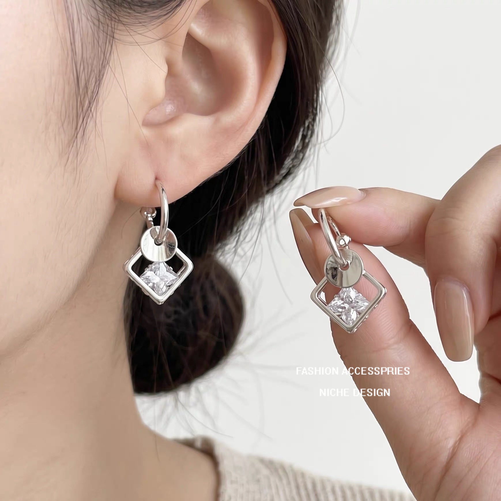 Handmade Square Copper Earrings With Zircon Inlay, Cute Style Stud Earrings For Women