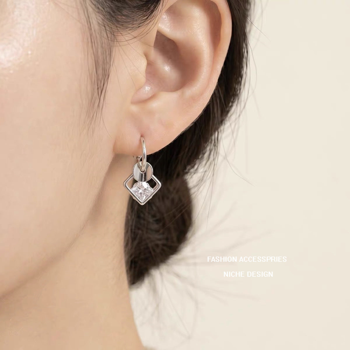 Handmade Square Copper Earrings With Zircon Inlay, Cute Style Stud Earrings For Women