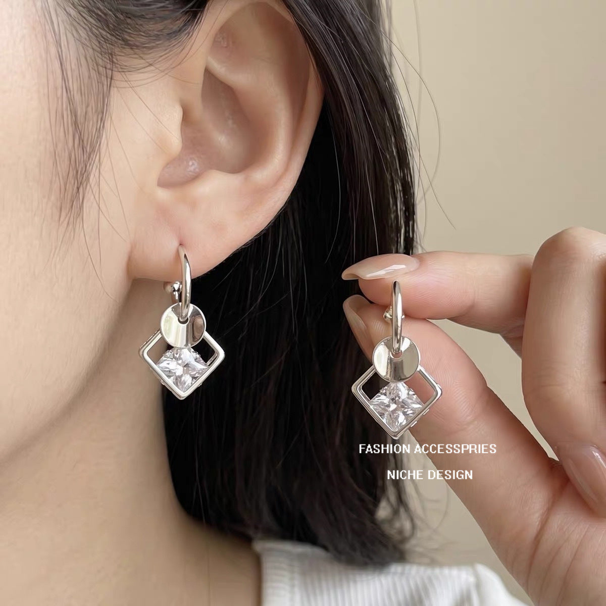 Handmade Square Copper Earrings With Zircon Inlay, Cute Style Stud Earrings For Women