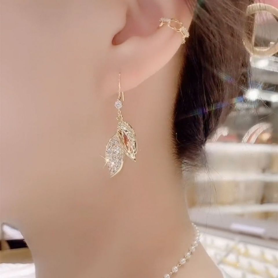 Leaves Tassel Ear Hook Earrings For Women Featuring Copper Alloy Material With Rhinestone Inlay And Copper Ear Pins