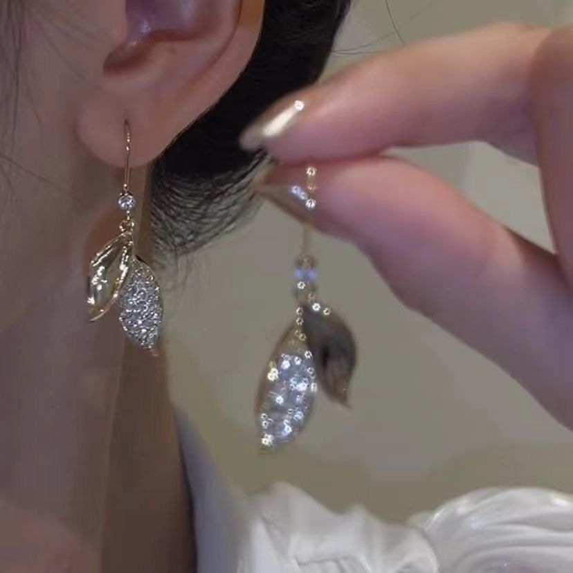 Leaves Tassel Ear Hook Earrings For Women Featuring Copper Alloy Material With Rhinestone Inlay And Copper Ear Pins