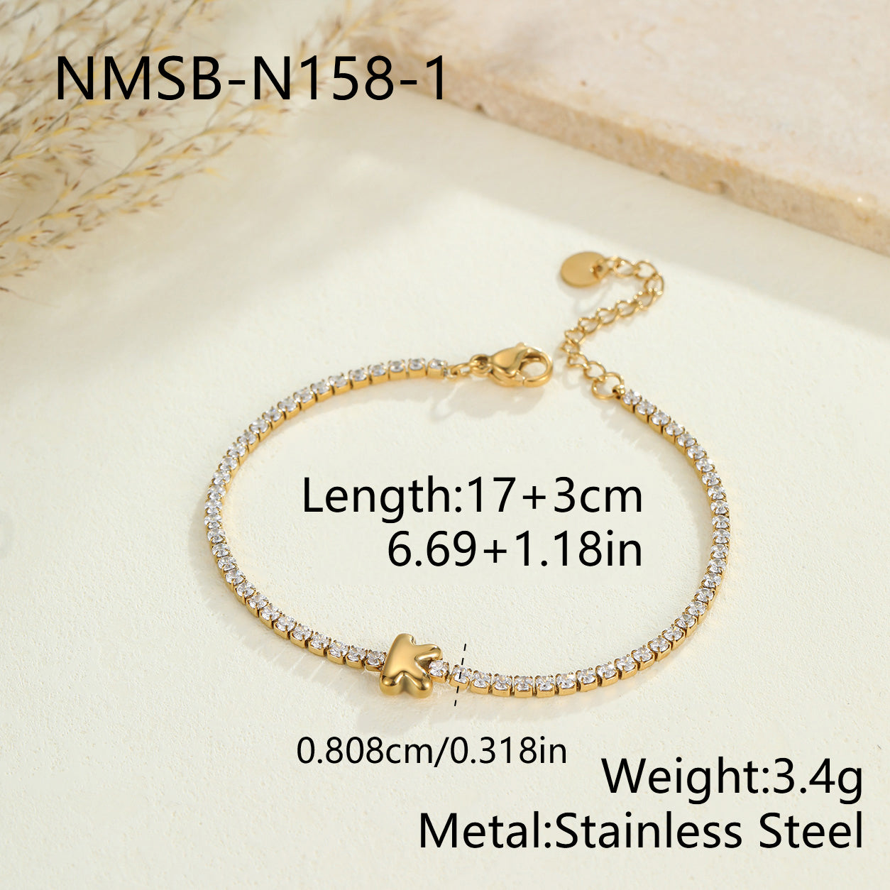 Electroplated Letter Bracelet For Women, 304 Stainless Steel With 18K Gold Plated PVD Coating, 0.03µm Thickness