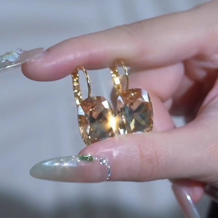 Faceted Square Champagne Crystal Earrings For Women With Copper Alloy Ear Pins