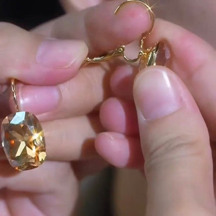 Faceted Square Champagne Crystal Earrings For Women With Copper Alloy Ear Pins