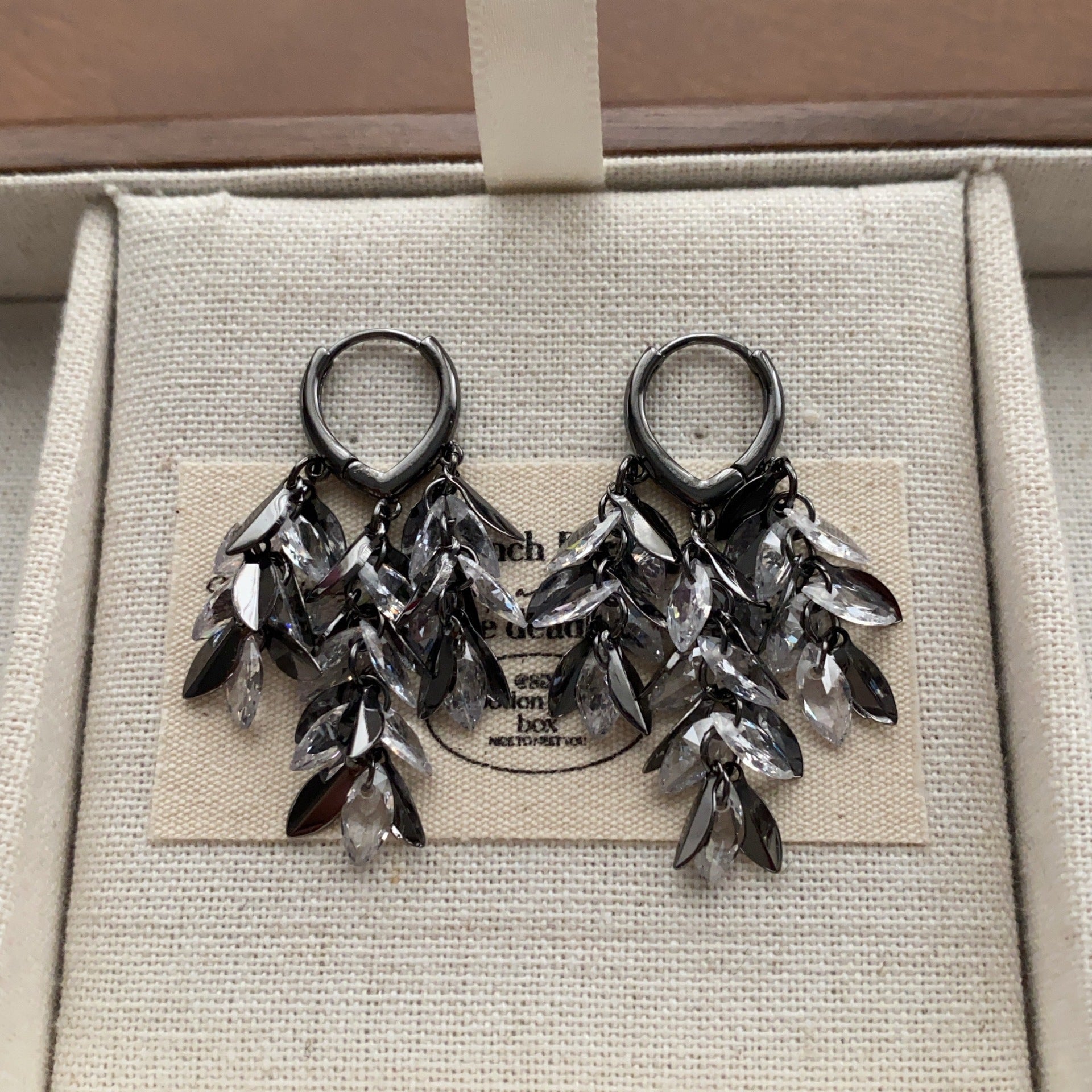 Gothic Feather Tassel Drop Earrings For Women In Dyed Black Copper With Zircon Inlay
