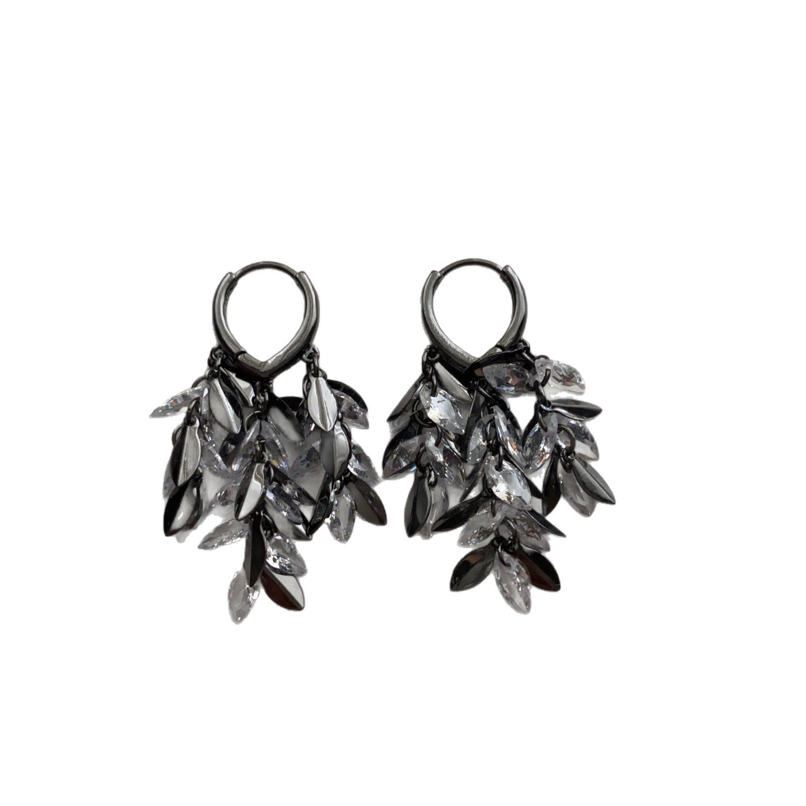Gothic Feather Tassel Drop Earrings For Women In Dyed Black Copper With Zircon Inlay