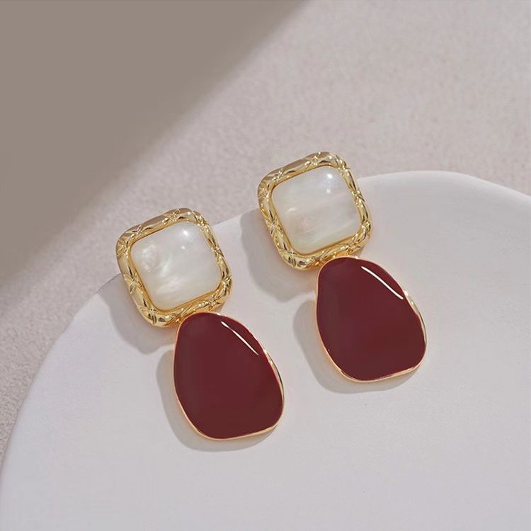 Asymmetrical Wine Red Earrings For Women Featuring 925 Sterling Silver Ear Pins In Retro Style Alloy Design