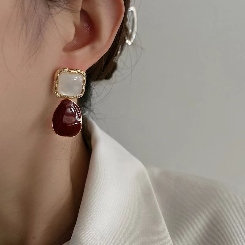 Asymmetrical Wine Red Earrings For Women Featuring 925 Sterling Silver Ear Pins In Retro Style Alloy Design