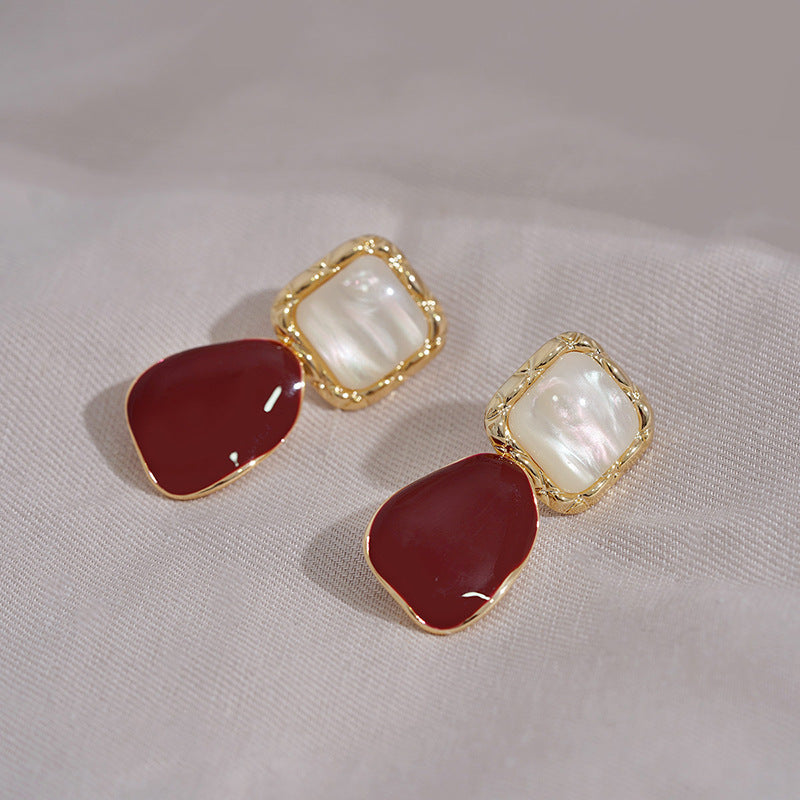 Asymmetrical Wine Red Earrings For Women Featuring 925 Sterling Silver Ear Pins In Retro Style Alloy Design